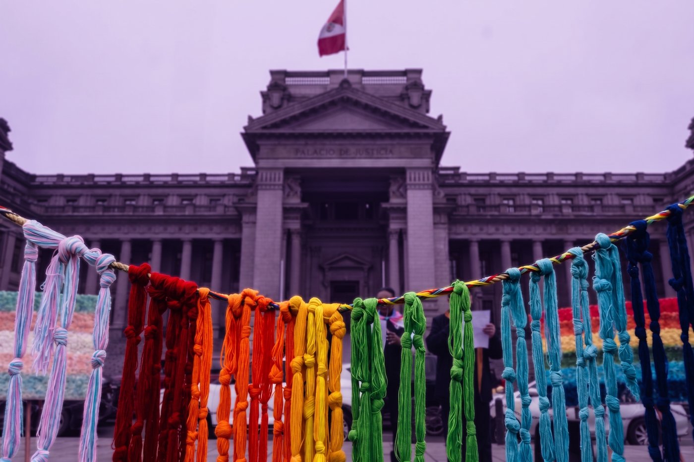 Rainbow yarn strung in front of the Palacio de Justicia, Lima, Peru. Photo: Ray Valle Nagashiro