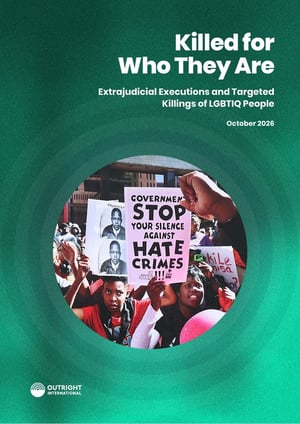 Report cover: Killed for Who They Are. A protester holds a sign reading 'Government, stop your silence against hate crimes' outside the office of Iranti in Johannesburg.